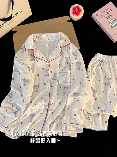 2025 new gold velvet bear pajamas for women in spring, autumn and winter, plus velvet, thickening, warm, sweet and cute home clothes
