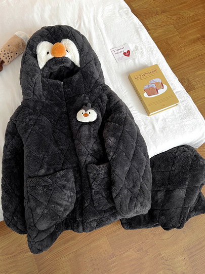 2025 New Cartoon Penguin Coral Velvet Couple Pajamas Women's Autumn and Winter Three-Layer Padded Thickened Men's Home Clothes