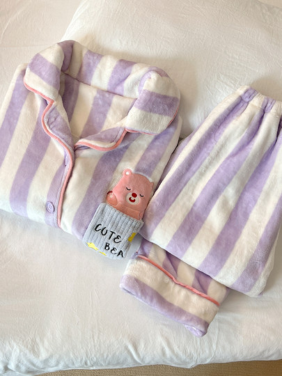 2024 New Ruby Coral Fleece Pajamas Women's Autumn and Winter Warm Long-Sleeved Flannel Plus Velvet Thickened Home Clothes