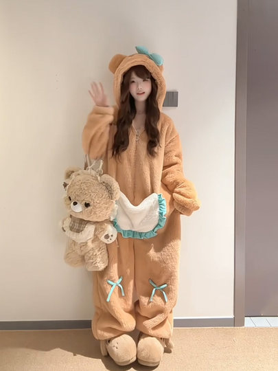 2025 New Butter Bear Coral Fleece One-piece Pajamas Women's Autumn and Winter Hooded Thickened Flannel Home Clothes