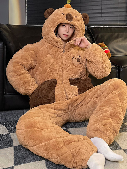 2025 New Cartoon Coral Fleece Couple Pajamas Women's Autumn and Winter Plus Velvet Thickened Three-Layer Quilted Men's Home Clothes