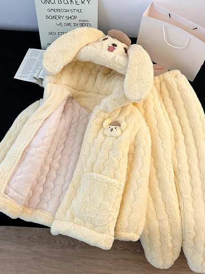 Coral Velvet 2026 New Style Pajamas for Women, Autumn and Winter, Warm, Fleece-Lined, Thickened, Three-Layer Quilted, Can Be Worn Outside, Loungewear