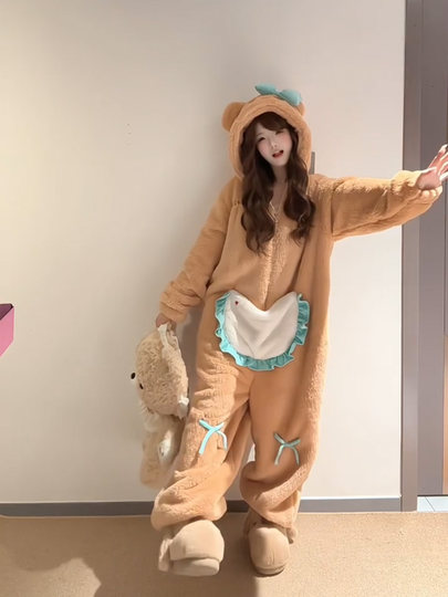 2025 New Butter Bear Coral Fleece One-piece Pajamas Women's Autumn and Winter Hooded Thickened Flannel Home Clothes