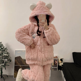 2025 New Hellokitty Coral Velvet Pajamas for Women Winter Hooded Fleece-Lined Thickeneded Three-Layer Quilted Home Clothes