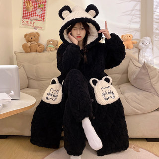 Women's Winter Pajamas, Fleece-Lined and Thickened, Coral Fleece Bathrobe, Autumn and Winter Style, Warm Cartoon Three-Layer Quilted Home Wear