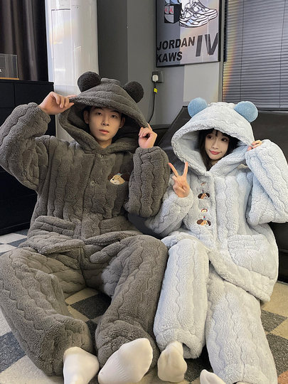 2025 New Cartoon Puppy Coral Velvet Couple Pajamas Women's Autumn and Winter Three-Layer Cotton Thickened Men's Home Clothes