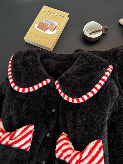 Bow 2025 new coral velvet pajamas for women autumn and winter three-layer quilted plus velvet thickened flannel home clothes