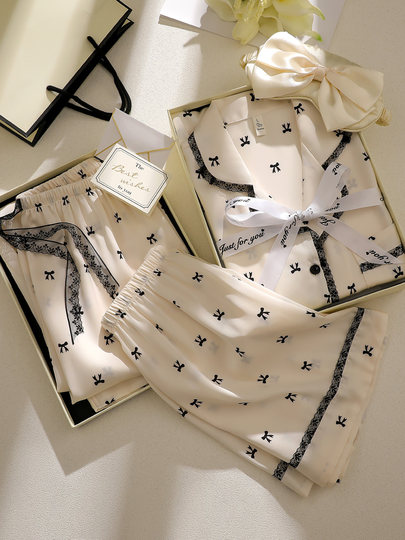 2025 new bow ice silk cool pajamas for girls summer short-sleeved loose high-end luxury home clothes