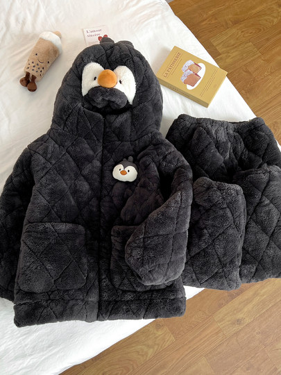 2025 New Cartoon Penguin Coral Velvet Couple Pajamas Women's Autumn and Winter Three-Layer Padded Thickened Men's Home Clothes