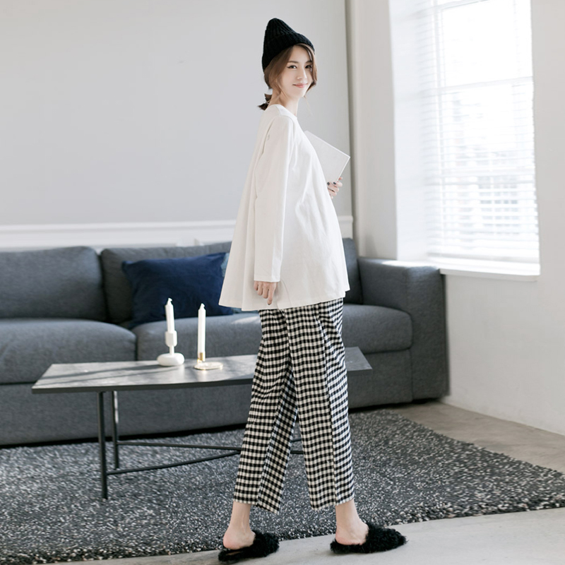 Pregnancy Woman Dress Spring Autumn Suit Fashion Models 2020 New Broadlegged Pants Plaid 90% Pants Two Sets Loose large size Size Tide