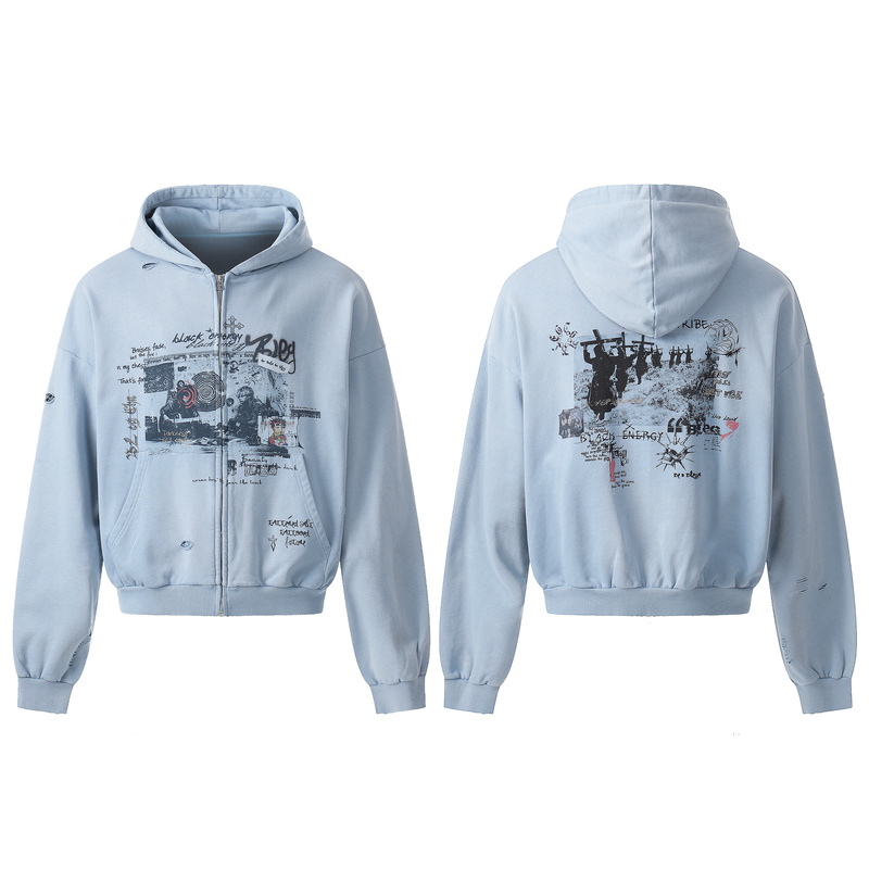 Bangu American Retro Graffiti Print Hooded Sweatshirt Spring Loose Casual Versatile Zip-Up Cardigan Jacket