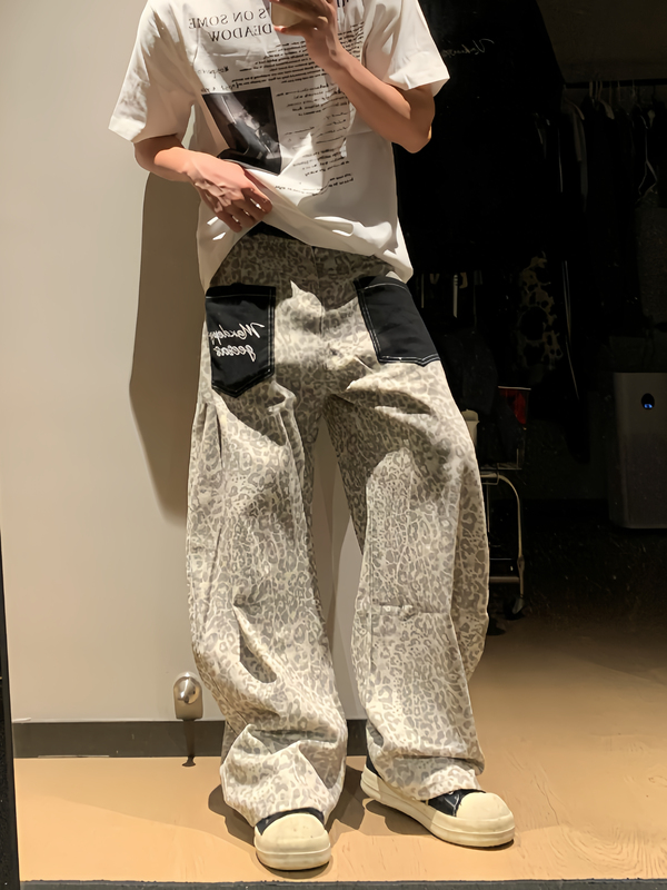 Bangu American Retro Leopard Print Patchwork Jeans for Men and Women, Spring Loose Casual Versatile Straight Wide-Leg Pants