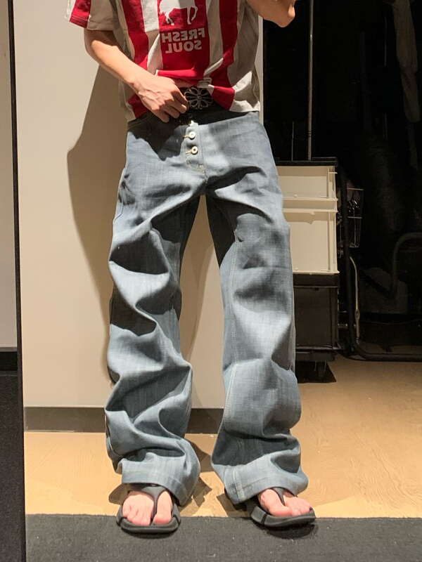 Bangu American Retro Lake Green Washed Vintage Button Jeans Unisex Loose Straight Wide-Leg Pants