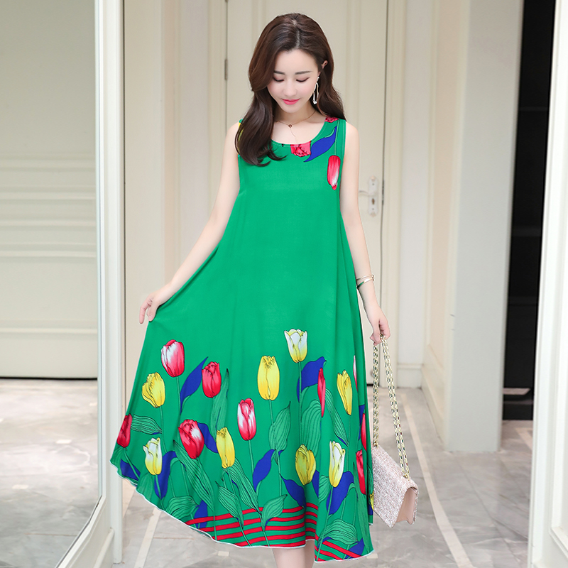 19poplin  Nightdress female pure cotton new pattern summer Thin Sleeveless Medium and long term Increase fertilizer Big size easy Fat mm pajamas