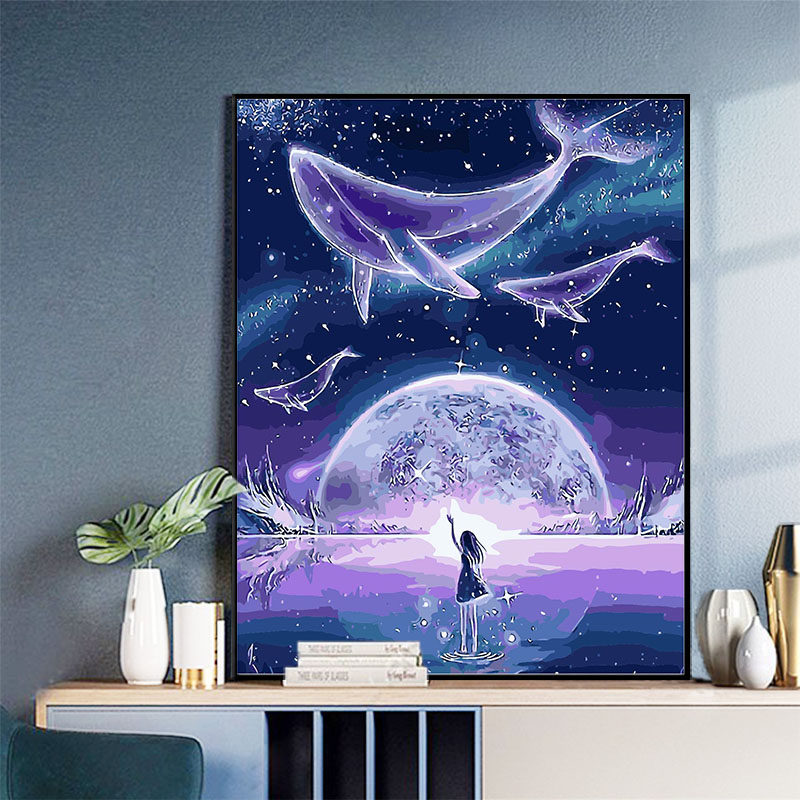Digital oil color painting living room landscape Cartoon Cartoon character coloring hand painted color DIY oil painting dream whale