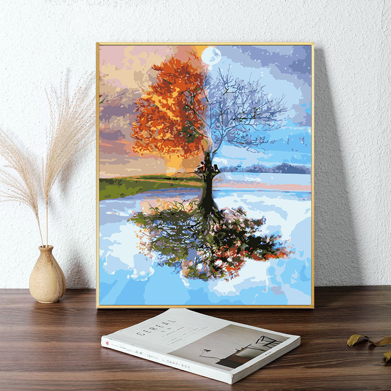Digital oil painting diy living room landscape flowers hand coloring Hand coloring painting DIY oil painting spring, summer, autumn and winter tree