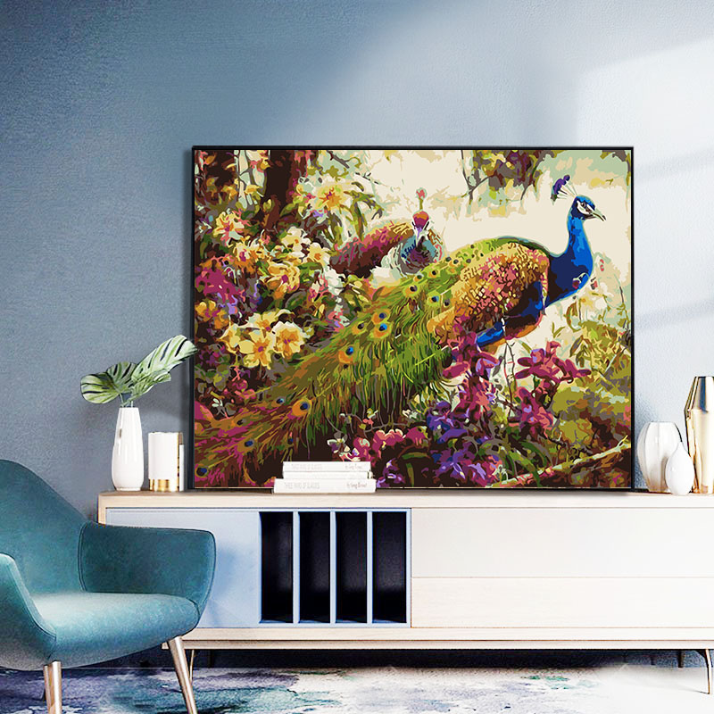 Digital oil painting diy flower entrance hand-painted Chinese painting Decompression hand-colored large-scale oil painting Decorative painting Peacock