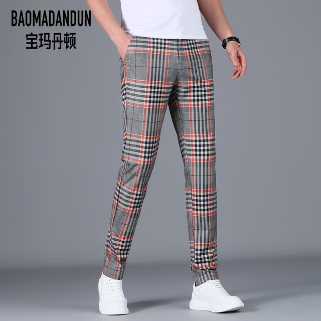 Pamandanton men's pants summer men's printed high play plaid casual pants tightness waist Inn pants BMW Danton