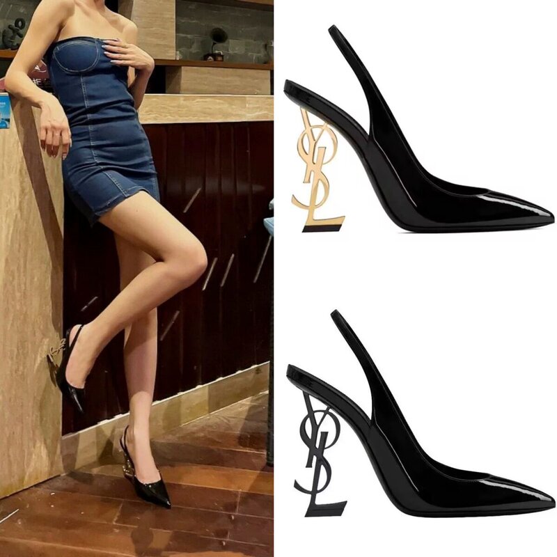 High-End Fashion! Summer Stylish Genuine Leather High-Heeled Shoes, Patent Leather Metal Letter Heel Sandals, Closed-Toe Backless Women's Shoes, Black