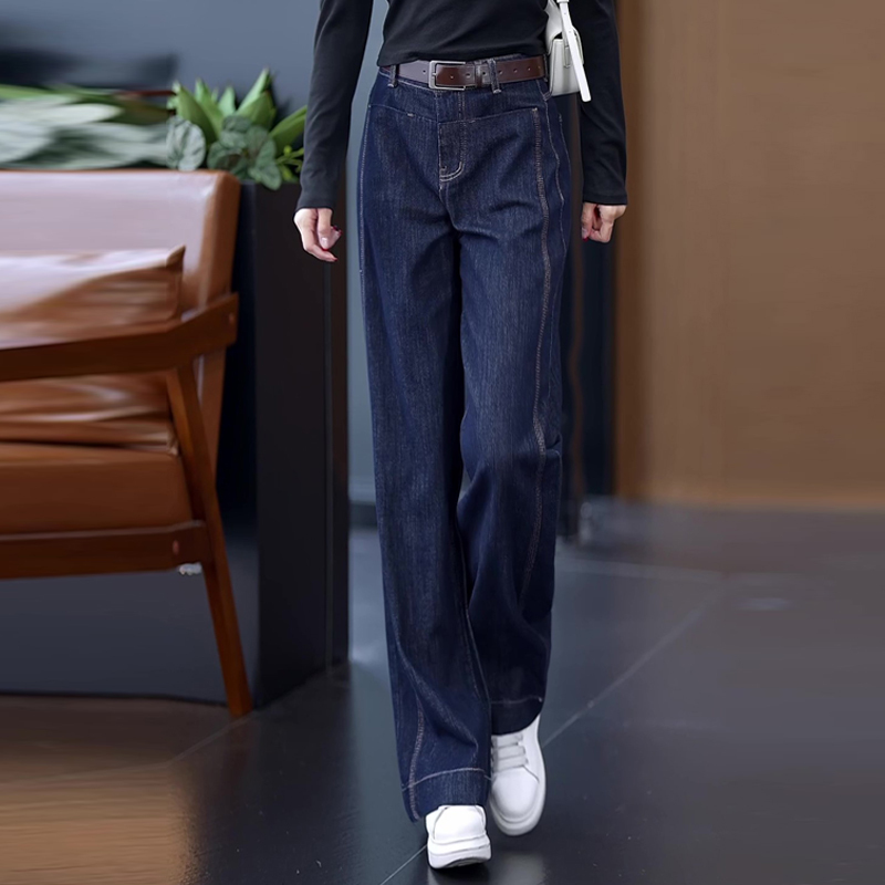 Denim Blue Retro Straight-Leg Jeans for Women 2026 Spring and Autumn New High-Waisted Slimming High-End Dark Blue Wide-Leg Pants