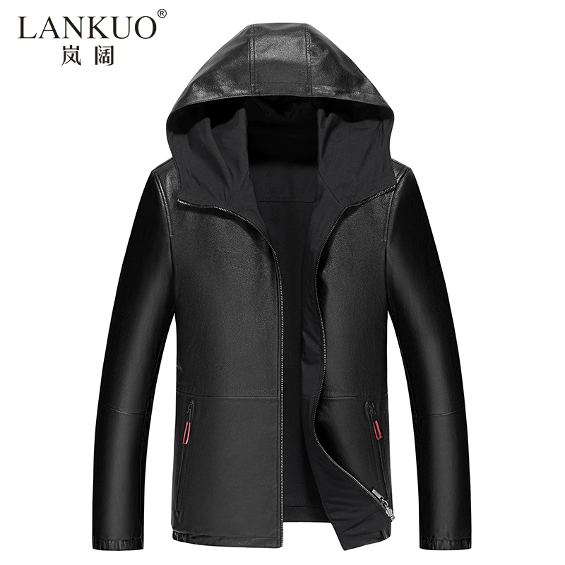 Lan Kuo Haining da nam áo khoác da bò lớp đầu tiên có mũ trùm đầu kinh doanh áo khoác nam hai mặt bình thường - Quần áo lông thú