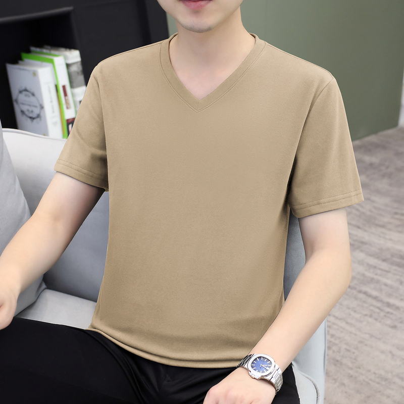 Double-Sided Thermal V-Neck Short-Sleeve T-Shirt for Men, 2026 Spring and Autumn New Solid Color Sweetheart Neckline Top, Brushed Base Shirt, Trendy