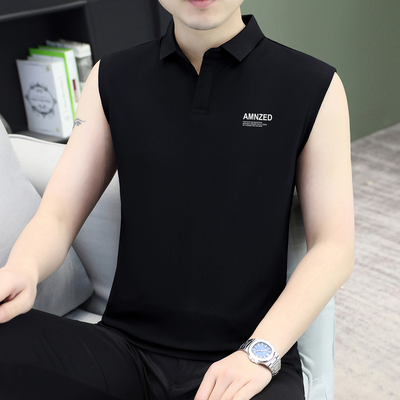 Seagull Collar Sleeveless Men's T-Shirt 2026 New Summer Pique Cotton Polo Vest Printed Ice Silk Sleeveless Top Trendy