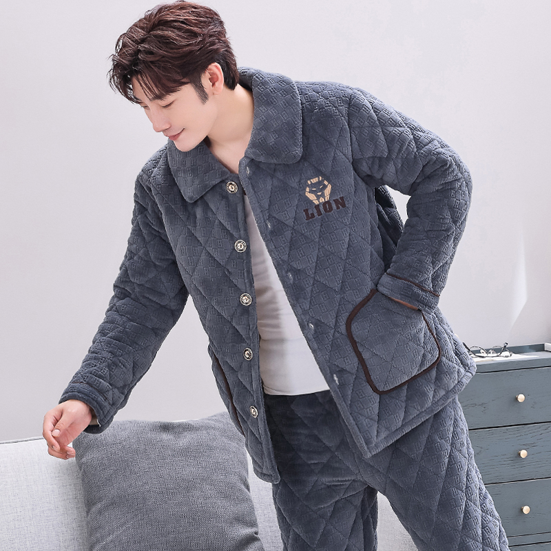 Men's Pajamas Winter Thickeneded Fleece-Lined Three-Layer Quilted Coral Velvet Flannel Autumn and Winter Warm Home Wear Set