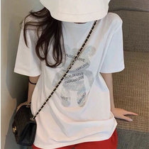 Korean 2020 spring and summer stars with the same style men and women ironing diamond short-sleeved net red Korean version of the bear bottoming couple T-shirt top