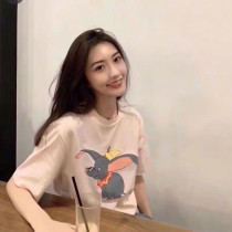 Korean trendy star with the same style pink Dumbo printed T-shirt womens pure cotton loose short-sleeved men and women couple net red