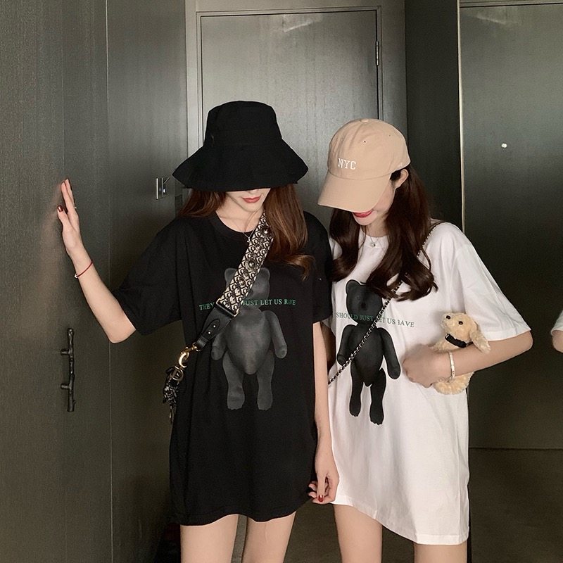 Korean Hong Kong style bear print mid-length short-sleeved loose all-match top super fire ins street couple men and women T-shirt