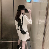 Spring and summer super hot white cotton printed t-shirt foreign style loose short-sleeved mid-length couple bottoming tops men and women trendy