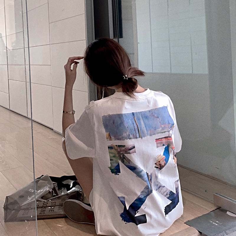 Korean summer star outfit tide brand oil painting graffiti arrow short-sleeved OW ink figure T-shirt men and women couple tops