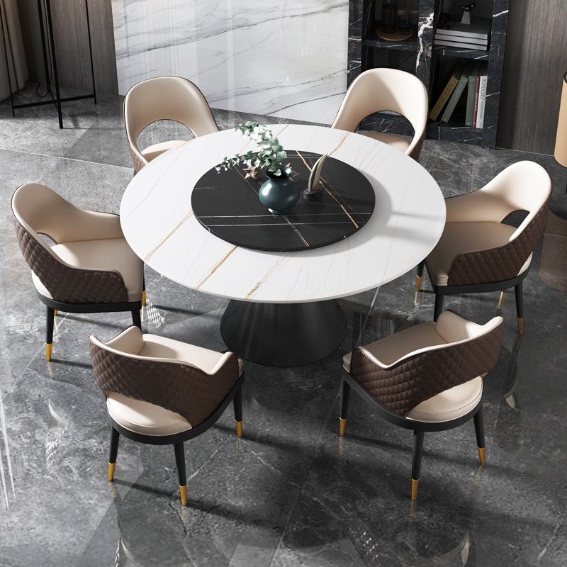 Marble slate dining table round table with turntable home light luxury modern minimalist Nordic round table and chair combination 8 people