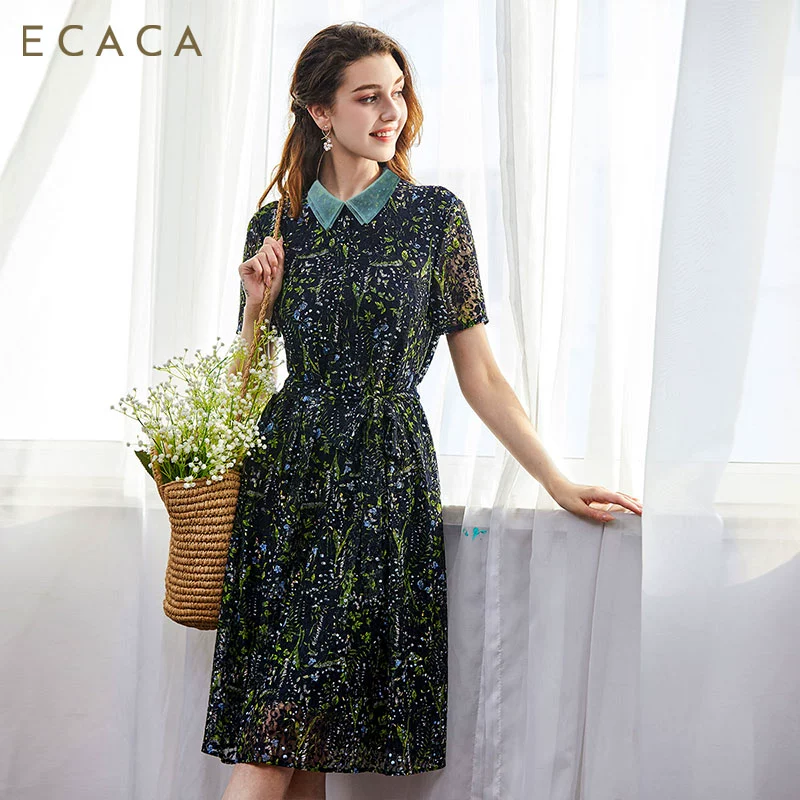 Váy ECACA 2021 nữ thần khí chất mùa hè mới Fan Suhua eo và váy midi ren mỏng nữ - Sản phẩm HOT