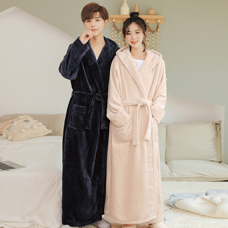 Pajamas female autumn and winter Korean hooded thick coral velvet bathrobe long version flannel couple robe men's home clothes