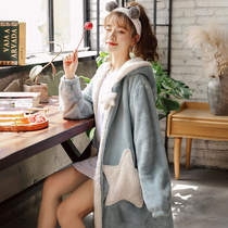 Nightgown womens autumn and winter long thickened coral velvet night dress flannel new star pajamas can be worn outside home clothes
