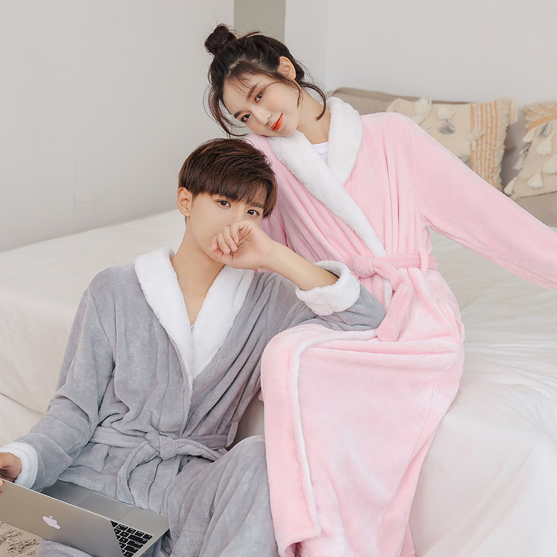 Flannel nightgown couple winter thickening and lengthening couple bathrobe coral fleece bathrobe youth warm one-piece pajamas