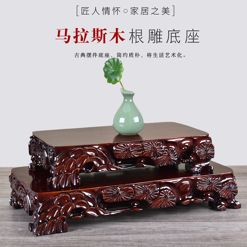 Solid Wood Base Buddha Vase Antique Handicraft Wood Carving Pendulum Pieces Rectangular Chiite Heads Large Flowers Bonsai Base Shelf-Taobao