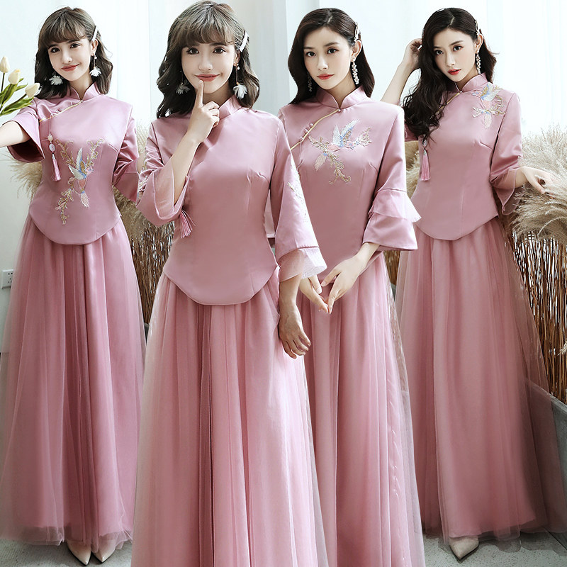 Chinese bridesmaids clothes autumn and winter long sleeves Chinese wind female qipao Chinese style ancient clothes wedding sister group dress with long version of pink
