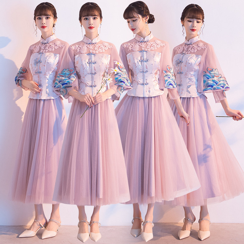 Bridesmaid's clothes Chinese style Chinese wind 2022 New pink spring qipao show and sisters group gown women hanfu