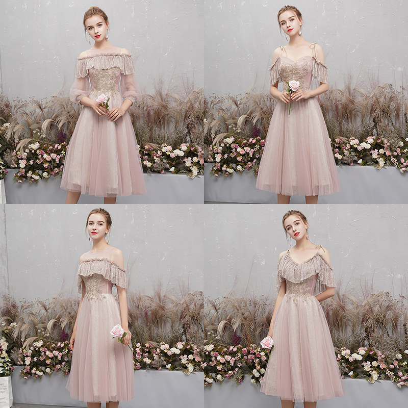 Bridesmaid Dress 2021 New Autumn Fairy Temperament Medium and Long Edition Girls' Annual Meeting Sister Dress Female Pink Bridesmaid Dress