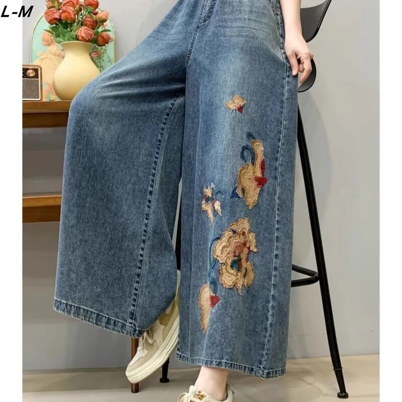 2026 New Ethnic Style Embroidered Denim Straight-Leg Pants for Women, Loose Slimming Harem Pants, Washed Casual Wide-Leg Pants for Women