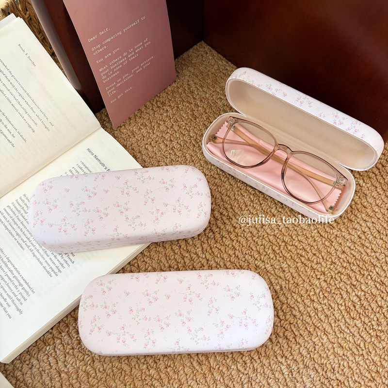 Original Baby Pink Small Floral Portable Glasses Case Pu Leather Flat Anti-Pressure Myopia Glasses Storage Box