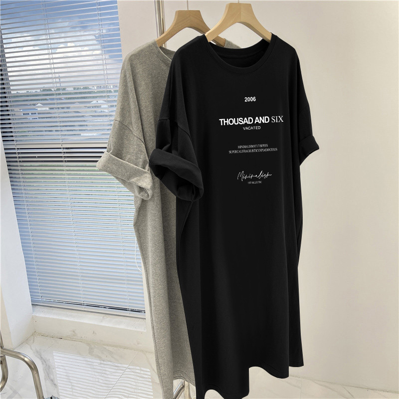 Black Dress 2026 New Style for Plus-Size Women, Slimming, Tummy-Covering, Summer Loose Fit, Petite Long T-Shirt with Short Sleeves
