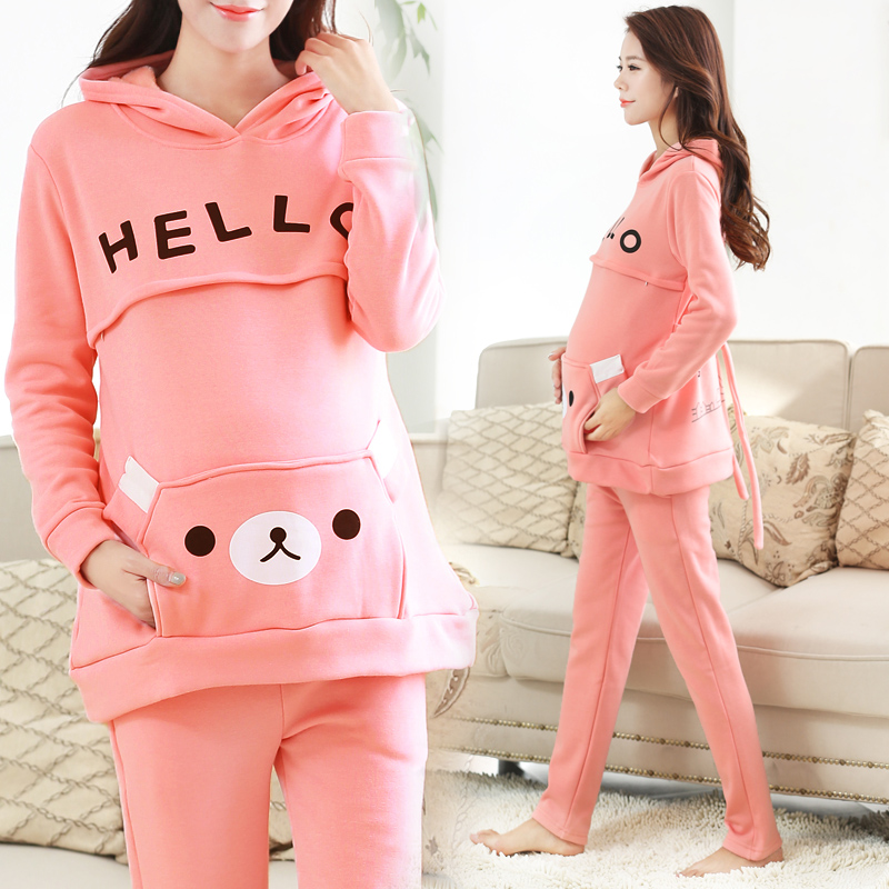 Super large size pregnant women's suit spring and autumn early pregnancy belly support plus fleece to keep warm outerwear fat winter Korean version of the two-piece suit