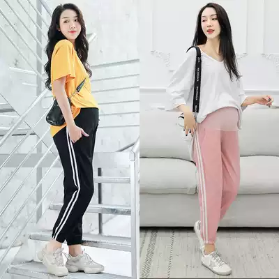 Pregnant women pants Spring and Autumn wear summer thin striped nine sports pants tide mother Haren pants autumn wear