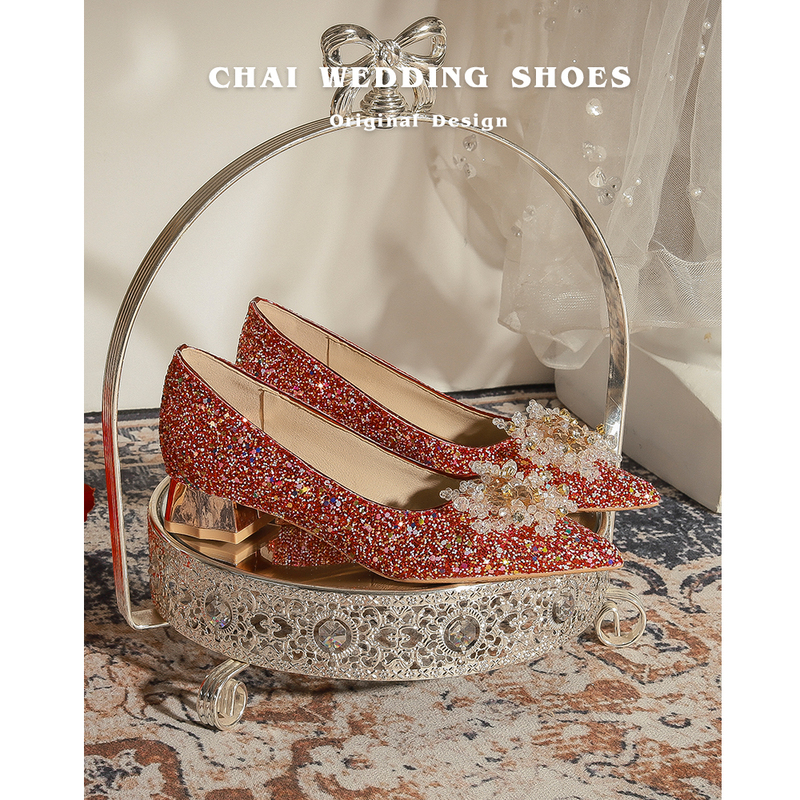 Yue Lao Xiuhe Wedding Shoes for Women, Red Bridal Shoes with Chunky Heels, Crystal Sequin Flats, Suitable for Pregnant Women, Large Sizes 41-43