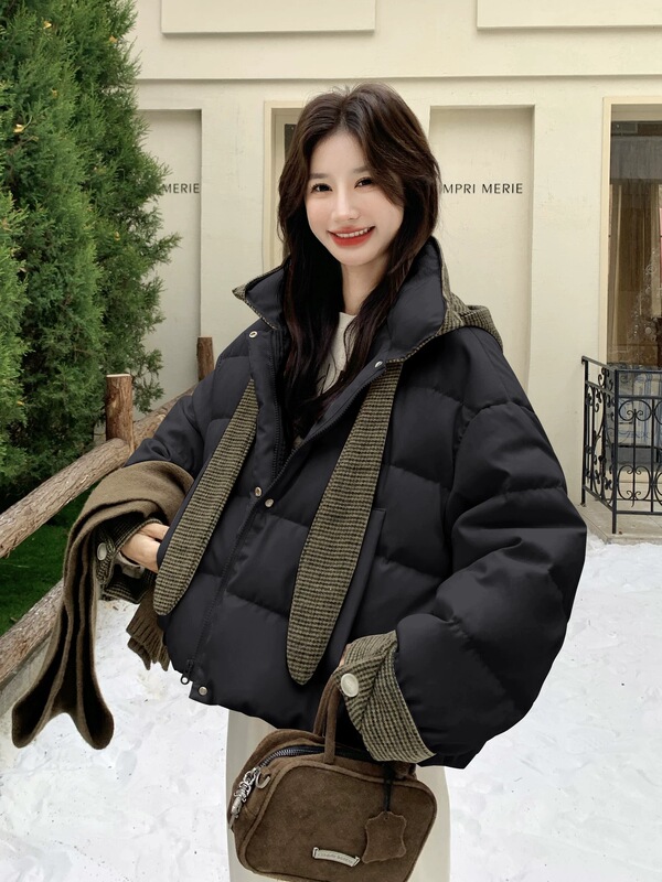 Wool Plaid Color-Block Detachable Hat 90% White Duck down Black