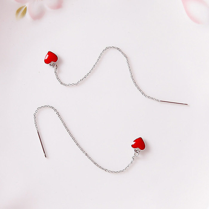 Pure silver red drip glazed love heart ear line long teenage girl hearts sweet and cute fresh peach heart ear trinkets-Taobao
